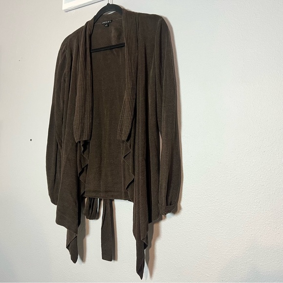 Lafayette 148 New York Brown Open Front Cardigan Linen Size Large Waist Tie - Picture 1 of 10